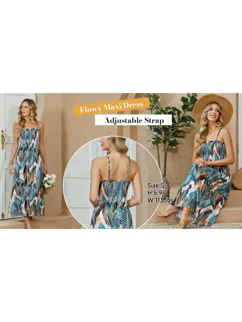 OFEEFAN Spaghetti Strap Maxi Dress Smocked with Pockets Polyester Spandex